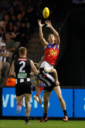 Joe Daniher flies high for the Lions.