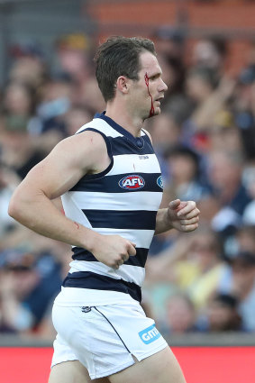 A bloodied Patrick Dangerfield comes off during the clash with Adelaide.