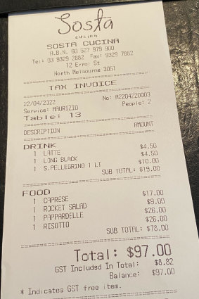 The bill for two at Sosta Cucina.