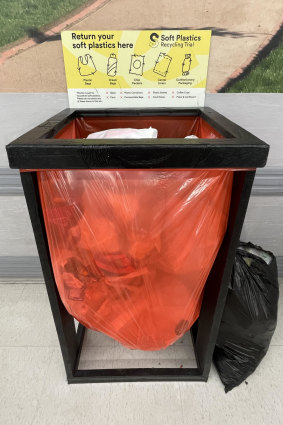 A soft plastics recycling bin at Coles in Brunswick, one of 12 supermarkets in Melbourne participating in the pilot program.