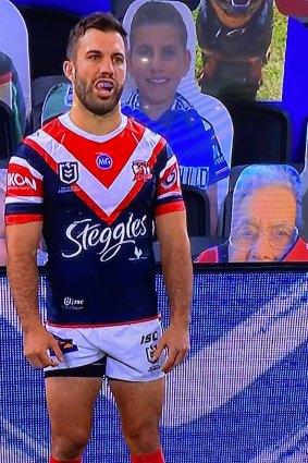 James Tedesco with his 100-year-old great grandmother Teresa Papandrea on a cardboard cut-out in background.