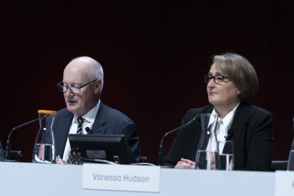 Departing Qantas chairman Richard Goyder with newly installed chief executive Vanessa Hudson.