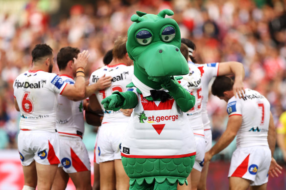 Happy Dragon signals a try for Jaydn Su’A against the Roosters.