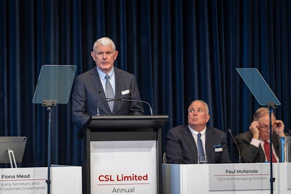 CSL Chairman Brian McNamee (speaking) and CEO Paul McKenzie at the firm’s last AGM. McKenzie would be gone within months.