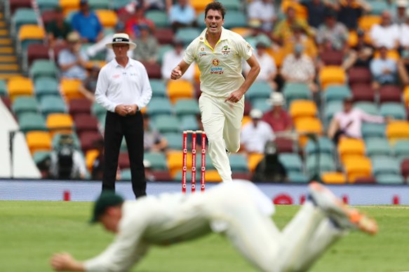 Cummins dismisses Ben Stokes, caught at slip by Marnus Labuschagne.