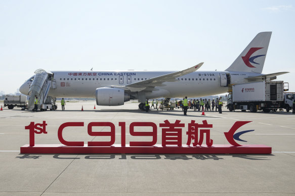 The C919 at Shanghai prior to the take-off of its first commercial flight.