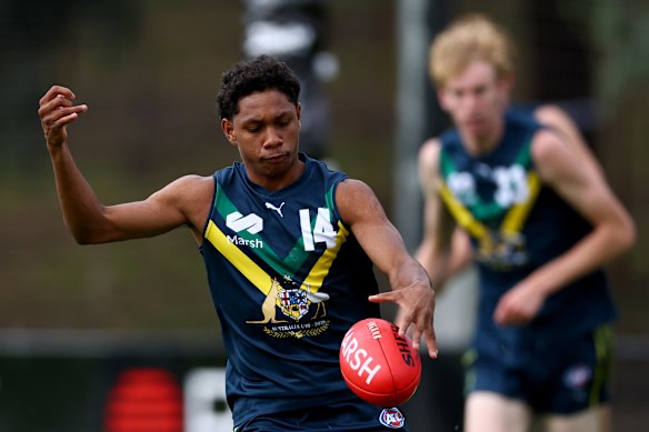 Smiler in action for the AFL national academy under-18 side against North Melbourne’s VFL team.