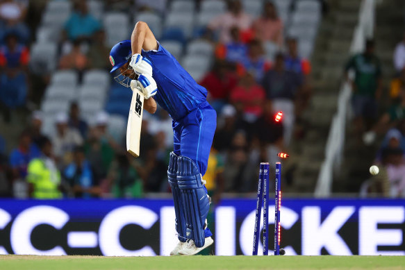 Afghanistan’s Gulbadin Naib has his stumps rearranged by Marco Jansen.