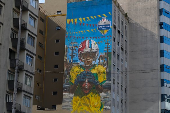 A mural of an American footballer in Sao Paulo, Brazil, which has hosted two in-season NFL games to date.