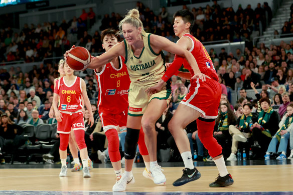 Lauren Jackson of the Australian Opals handles the ball during the game between Australia and China.