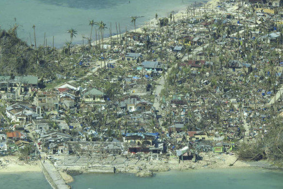 The destruction caused by typhoon Rai at a coast village in Surigao del Norte province, Philippines. 