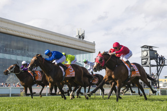 Godolphin’s Golden Mile gets the better of Elliptical in last year’s Caulfield Guineas.