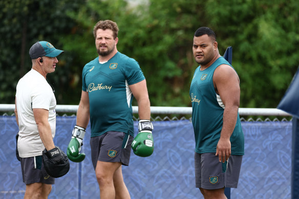 James Slipper and Taniela Tupou during a Wallabies training session at the Rugby World Cup. 