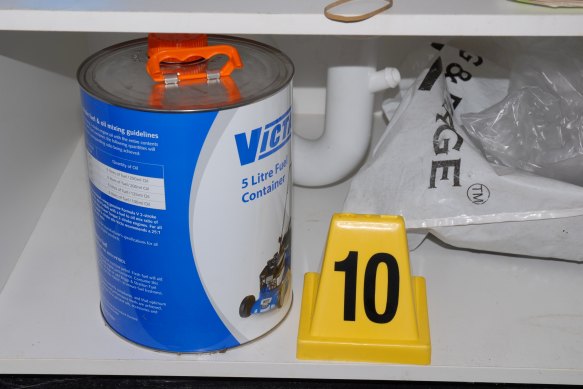 A Victa fuel tin found in the laundry of the Rouse Hill home.