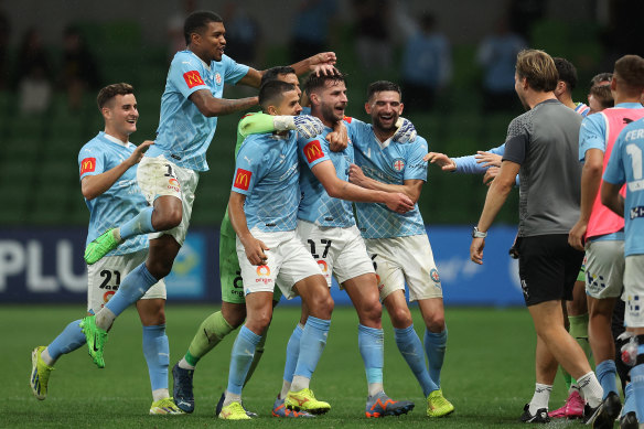 Terry Antonis of Melbourne City celebrates after scoring a goal against the Western Sydney Wanderers at AAMI Park.