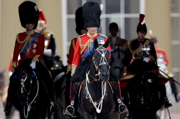 Prince William, Prince of Wales, Prince Edward, Earl of Wessex, King Charles III and Princess Anne, Princess Royal are seen leaving Buckingham Palace on horseback during Trooping the Colour.