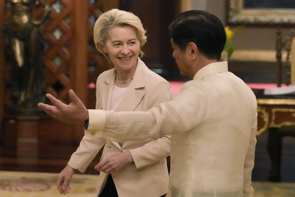 Philippine President Ferdinand Marcos jnr with European Commission President Ursula von der Leyen at the Malacanang Presidential Palace in Manila.