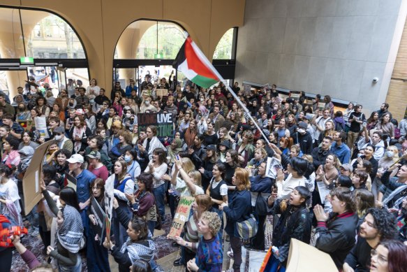 Students protest over the war in Gaza at the University of Melbourne on May 3.