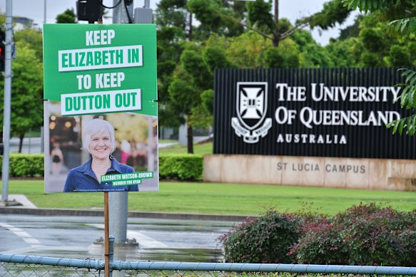 A corflute for Ryan MP Elizabeth Watson-Brown focuses on Liberal Party Leader Peter Dutton.