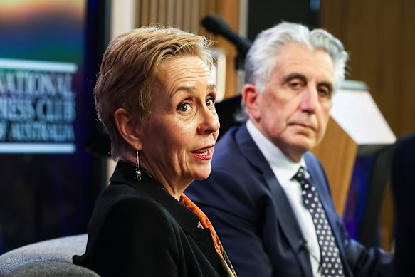 Domestic, Family and Sexual Violence Commissioner Micaela Cronin and Australian Law Reform Commission president Justice Mordy Bromberg at the National Press Club.