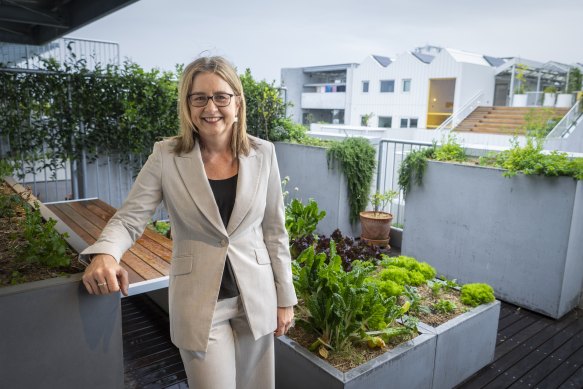 Premier Jacinta Allan at the ParkLife building, part of the much-lauded Nightingale Village development.