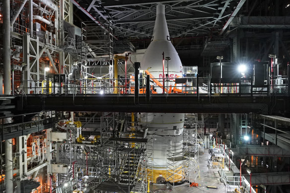 A section of the Artemis rocket with the Orion space capsule is seen inside the Vehicle Assembly Building at the Kennedy Space Centre last year. 