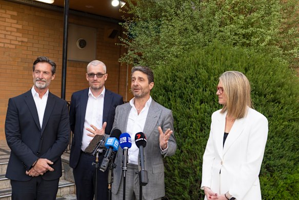 Healthscope boss Tino La Spina at  the John Fawkner hospital in Melbourne’s Coburg, flanked by the recently appointed receivers and Healthscope executives.  