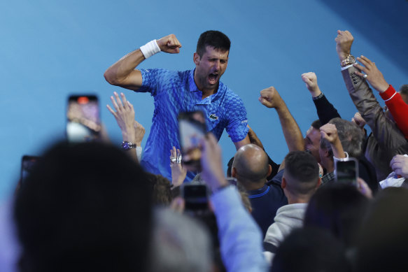 Novak Djokovic celebrates winning championship point in the Men’s Singles Final against Stefanos Tsitsipas.