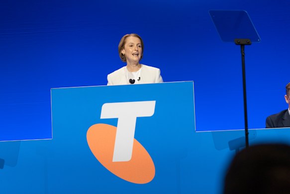 Telstra CEO Vicki Brady at the company’s most recent AGM.