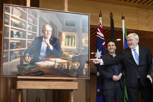 Former prime minister Kevin Rudd during the unveiling of his official portrait by Ralph Heimans, at Parliament House in Canberra on Thursday.