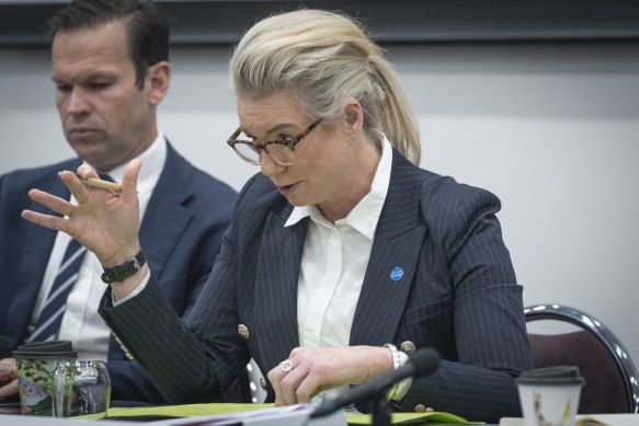 Senators Bridget McKenzie and Matthew Canavan at Monday’s Commonwealth Games inquiry. 