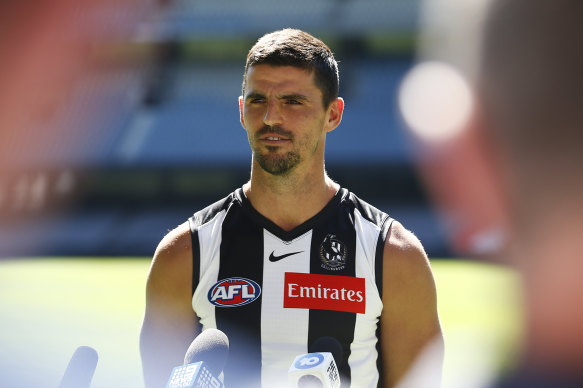 Scott Pendlebury speaks to the media at captains’ day on Wednesday.