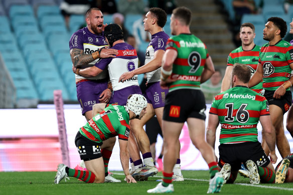 Storm prop Nelson Asofa-Solomona celebrates a try against South Sydney.