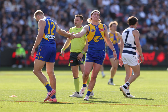 Oscar Allen of the Eagles celebrates a goal with Harley Reid of the Eagles.