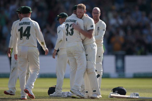 England's Ben Stokes embraces Australia's Marnus Labuschagne after England won the third Test.