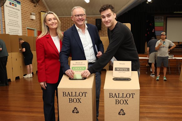 Prime Minister Anthony Albanese votes with partner Jodie Haydon and son Nathan on May 3.