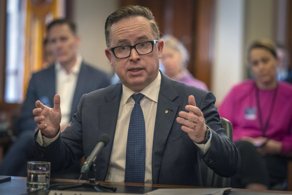 Qantas chief executive Alan Joyce appears at a Senate hearing on Monday.