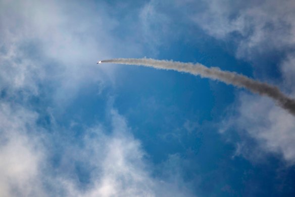 An Iron Dome anti-missile rocket launches to intercept a rocket fired from the Gaza Strip in Ashdod, Israel. 