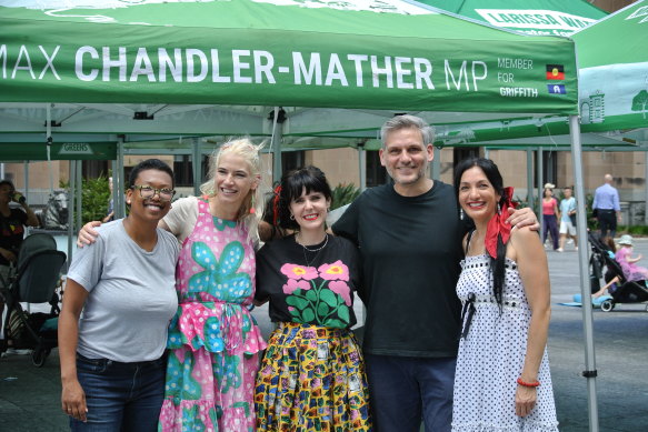 A Greens ‘rhyme time’ protest was attended by a number of prominent community members and Greens politicians. From left: Cr Trina Massey, lead singer of the Grates Patience Hodgson, children’s author Sophie Beer, state MP Michael Berkman, and Cr Seal Chong Wah.