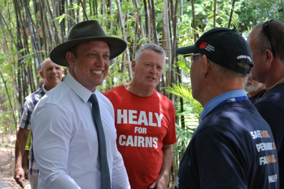 Premier Steven Miles speaks to local union members at Cairns Esplanade with member for Cairns Michael Healy and member for Cook Cynthia Liu on Monday. 