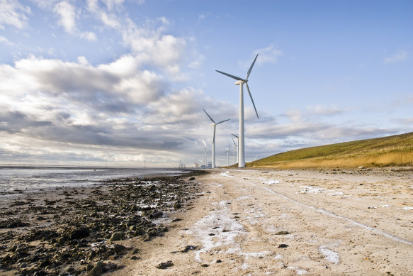 Wind turbines near Esbjerg on the coast of Denmark which on certain days satisfy all the country’s energy needs.
