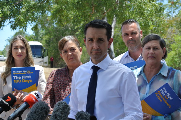 Opposition Leader David Crisafulli with Shadow Minister for Youth Justice Laura Gerber (far left) and LNP local candidates Adam Bailie, Natalie Marr, and Janelle Poole outside Townsville’s Cleveland Youth Detention Centre.