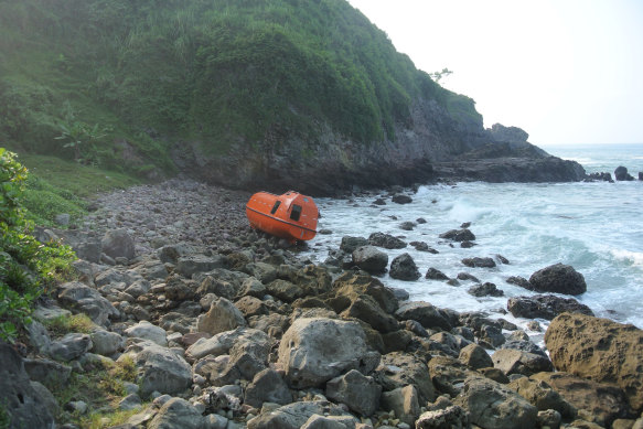 An Australian customs lifeboat abandoned on the southern shore of Java after returning 28 asylum seekers to Indonesia in 2014.