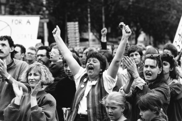 Parents and teachers make it clear what they think of the Government's austerity measures in a rally outside Parliament House in 1993.
