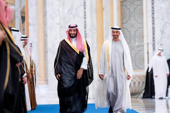 Saudi Crown Prince Mohammed bin Salman, left, and the UAE’s Sheikh Mohammed bin Zayed Al Nahyan in 2021.