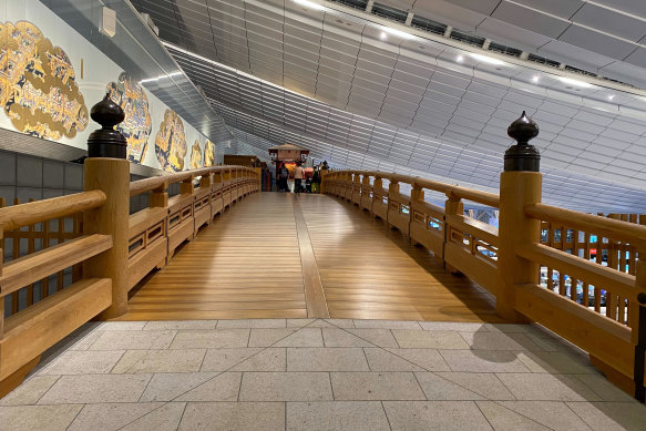 The replica Edo-era bridge leading to the Edo Marketplace dining area.