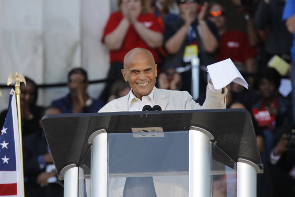 Belafonte addresses the “One Nation Working Together” rally at the Lincoln Memorial to promote job creation, diversity and tolerance in 2010.