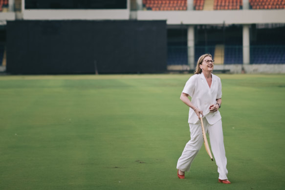 Batting for the youth team: Premier Jacinta Allan at Jawaharlal Nehru Stadium in Delhi in September, spruiking the Boxing Day Test.
