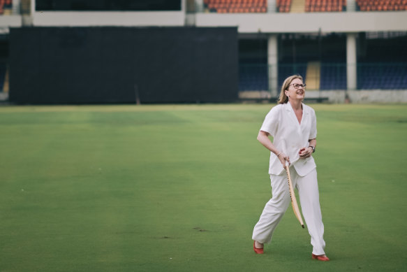 Premier Jacinta Allan visits Jawaharlal Sport Stadium in Delhi as she spruiks the Boxing Day Test.