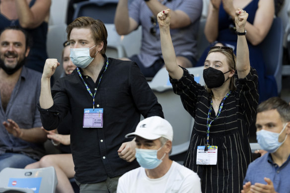 Actor Saoirse Ronan (right) and boyfriend Jack Lowden, pictured during Andy Murray’s loss to Taro Daniel.